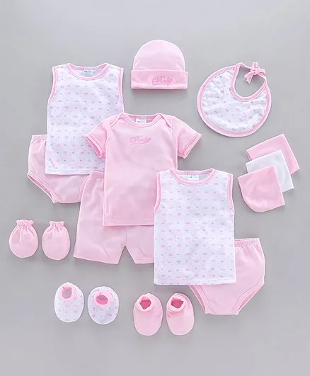 Montaly Cotton Printed Baby Clothing Gift Set Set of 14 - Pink White
