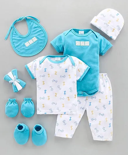 Montaly Cotton Printed Baby Clothing Gift Set Set of 10 - Blue
