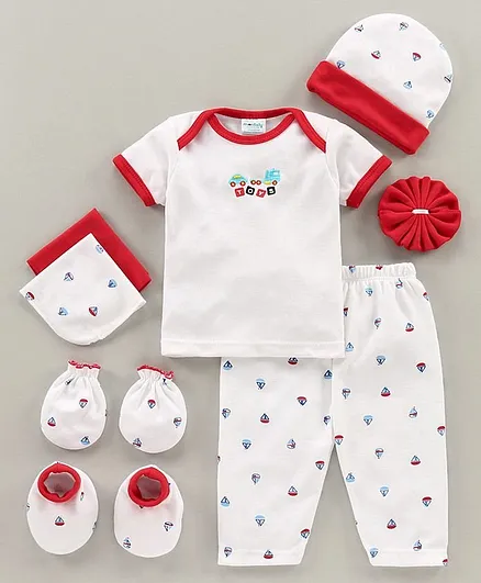 Montaly Cotton Printed Baby Clothing Gift Set of 8 - White Red