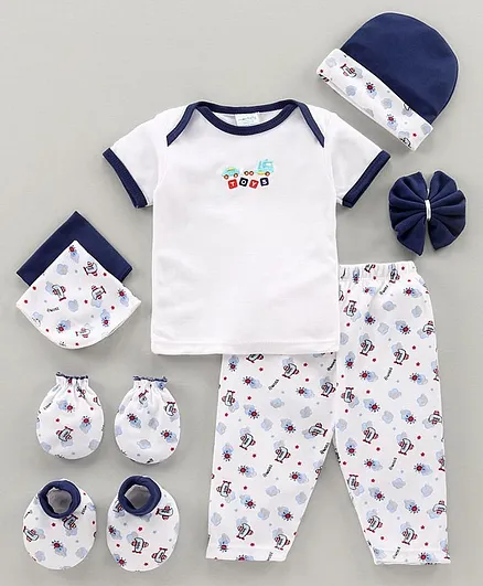 Montaly Cotton Printed Baby Clothing Gift Airplane Print Set of 8 - White Navy