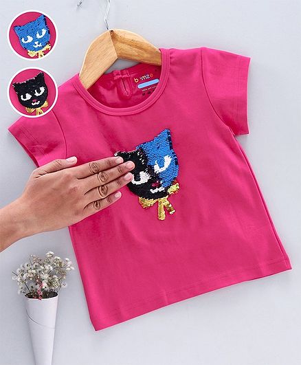 Bumzee Cap Sleeves Reversible Sequined Cat Patch Top - Pink