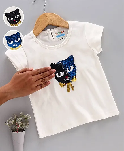 Bumzee Cap Sleeves Sequined Cat Patch Top - White