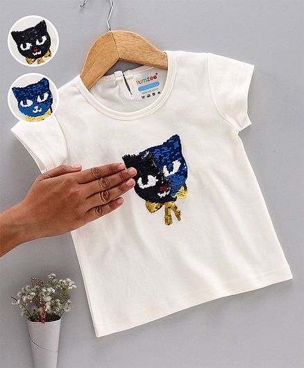 Bumzee Cap Sleeves Sequined Cat Patch Top - White