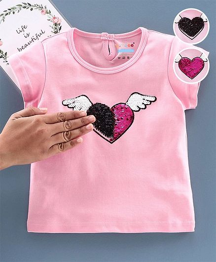 Bumzee Reversible Sequin Heart Short Sleeves Top - Pink