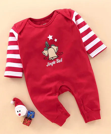 Bumzee Full Sleeves Jingle Bells Printed Romper - Red