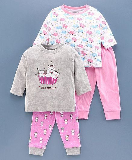 Bumzee Full Sleeves Baby Elephant Print Pack Of 2 Tee & 2 Bottom Set - Pink & Grey