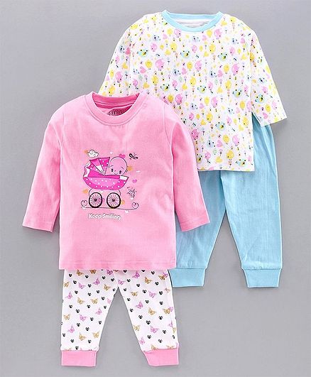 Bumzee Full Sleeves Baby Print Pack Of 2 Tee & 2 Bottom Set - Pink & Blue