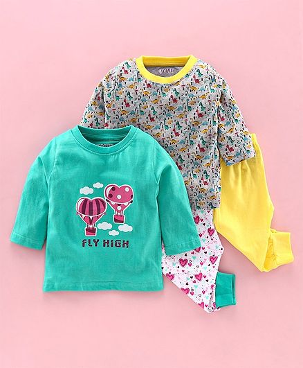 Bumzee Full Sleeves Pack Of Two Heart & Dino Print Tee With Two Pajamas - Multi Color