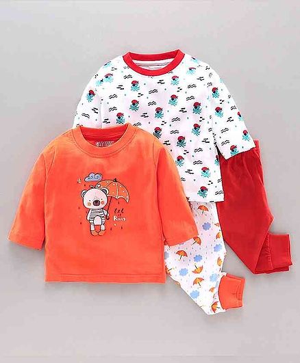 Bumzee Full Sleeves Animal Print Pack Of Two Tee With Two Pajama - Orange Red