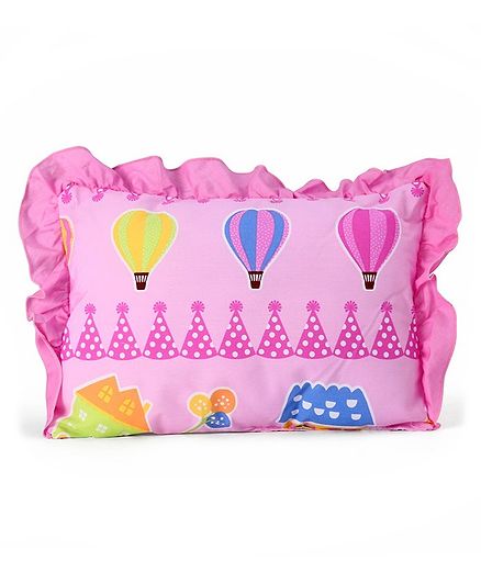 Montaly Rectangular Frilled Baby Pillow Hot Air Balloon Print - Light Pink