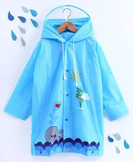 Full Sleeves Hooded Raincoat Sea Print - Sky Blue