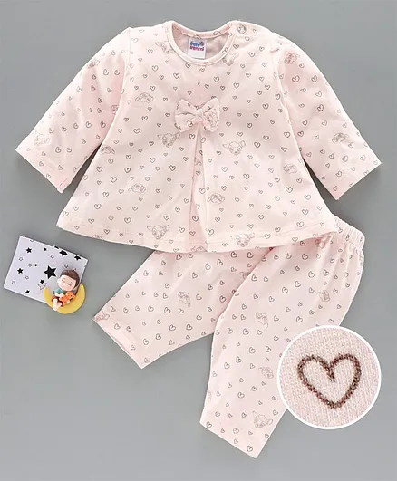 Ben Benny Full Sleeves Night Suit Heart Print - Peach