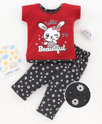 Enfance Core Short Sleeves Beautiful Rabbit Printed Night Suit - Red