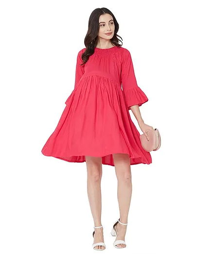 MOM'S BEE Maternity Dress with Rayon Fabric Dress with Zippers - Pink