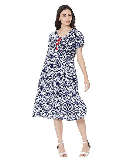 MOM'S BEE Half Sleeves Flower Print Maternity Dress - Blue