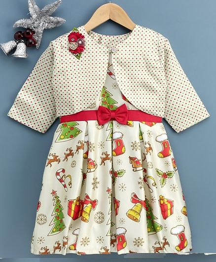 Twetoons Frock with Full Sleeves Shrug Christmas Print - White