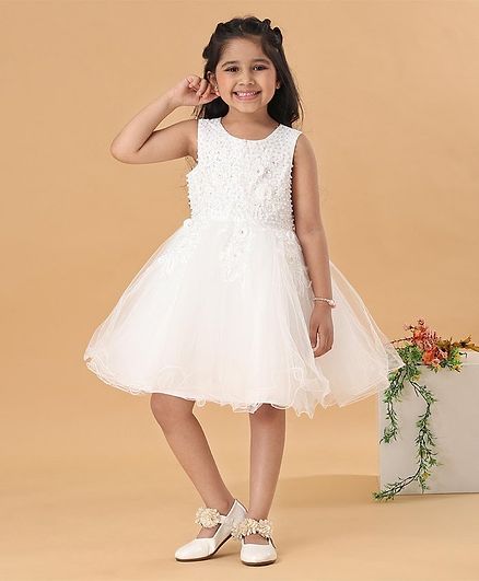Mark & Mia Sleeveless Pearl & Floral Embroidered Party Frock - White