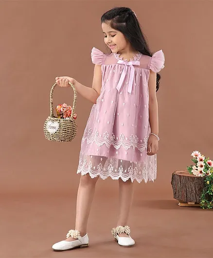 Mark & Mia Short Sleeves Embroidered Party Frock with Laced Hem - Pink