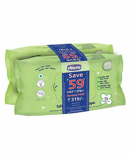 Chicco Soft Cleansing Wipes Pack of 2 - Total 144 Pieces