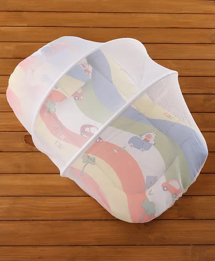 Babyhug Premium Gadda Set With Mosquito Net Orange - Mini Cars Print
