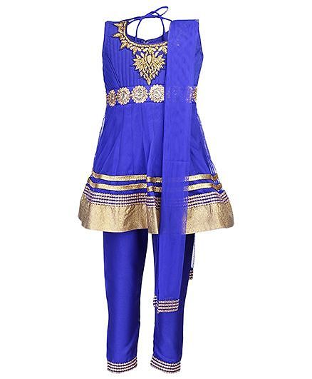 Babyhug Sleeveless Kurta Churidar And Dupatta Blue - Stone Work
