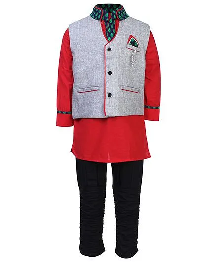 Active Kids Wear Three Piece Ethnic Clothing Set - Grey And Red