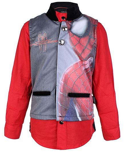 Finger Chips Full Sleeves Shirt With Waistcoat Spiderman Print - Red