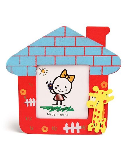 Wooden Photo Frame Stand Giraffe Design - Red And Blue