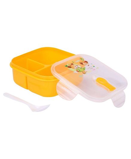 Lunch Box With Spoon Animal Cartoon And Smile Print - Yellow
