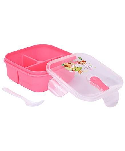 Lunch Box With Spoon Animal Cartoon And Smile Print - Pink