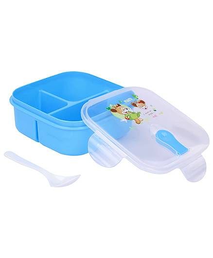Lunch Box With Spoon Animal Cartoon And Smile Print - Blue