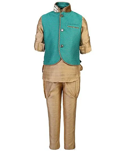 Little Bull Ethnic Kurta Pajama Jacket Set - Green And Golden