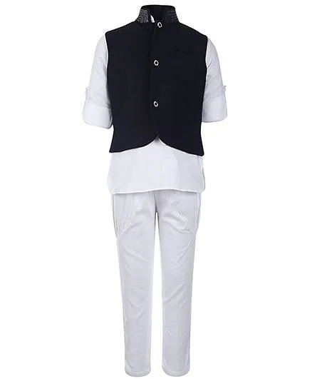 Little Bull Full Sleeves Kurta And Pajama With Jacket - Black And White
