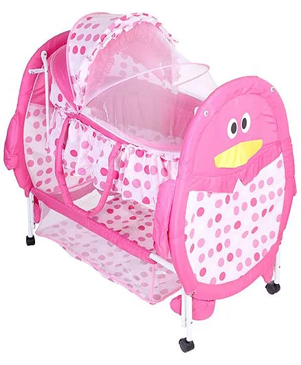 Baby Cradle With Mosquito Net Penguin Design And Polka Dots Pink - KDD-193
