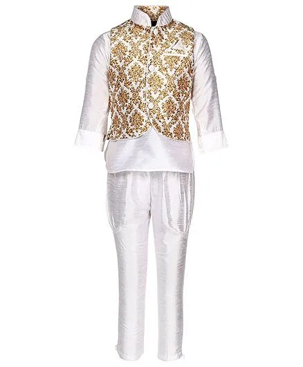 Little Bull Ethnic Kurta Pajama Jacket Set - Yellow White