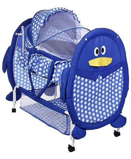 Baby Cradle With Mosquito Net Penguin Design And Polka Dots - Blue 