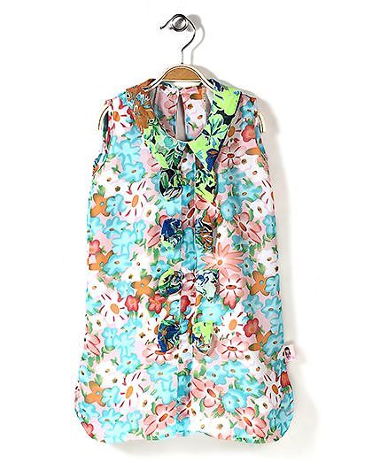 Chic Girls Flower Printed Sleeveless Tunic - Multicolour