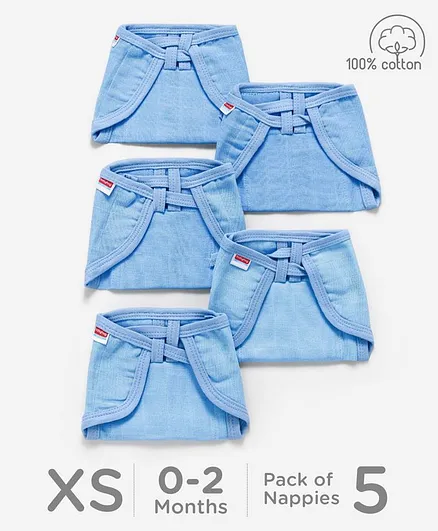 Babyhug U Shape Cotton Reusable Muslin Nappy Set Lace Extra Small Pack Of 5 - Blue