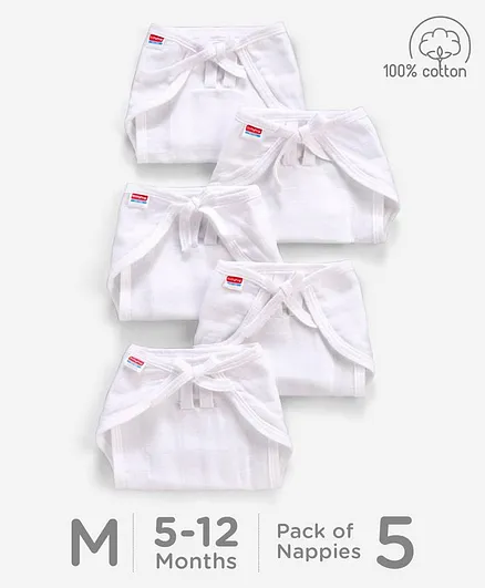 Babyhug U Shape Cotton Reusable Muslin Nappy Set Lace Medium Pack Of 5 - White