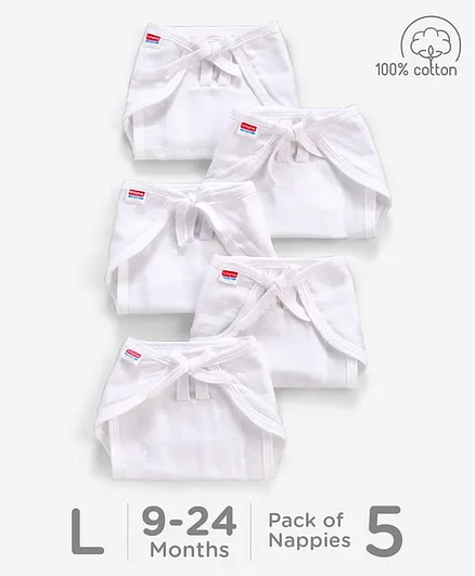 Babyhug U Shape Cotton Reusable Muslin Nappy Set Lace Large Pack Of 5 - White