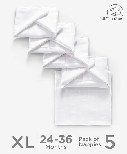 Babyhug Cotton Cloth Nappy Set of 5 Extra Large - White