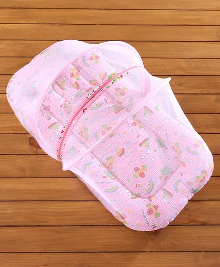 Babyhug Cotton Bedding Set With Center Zip Mosquito Net Transport In Star Print- Pink