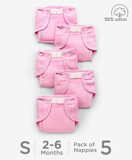 Babyhug Muslin Cotton Reusable Cloth Nappies With Velcro Small Set Of 5 - Pink