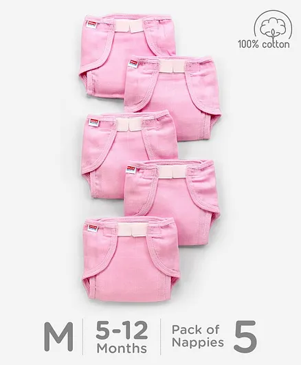 Babyhug Muslin Cotton Reusable Cloth Nappies With Velcro Medium Set Of 5 - Pink