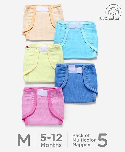 Babyhug Muslin Cotton Reusable Cloth Nappies With Velcro Medium Set Of 5 - Solid Assorted Color