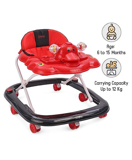 Babyhug Happy Duck Musical Walker With Multi Level Height Adjustment & Toy Tray - Red And Black