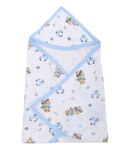 Tinycare Hooded Towel Teddy Print - White and Blue