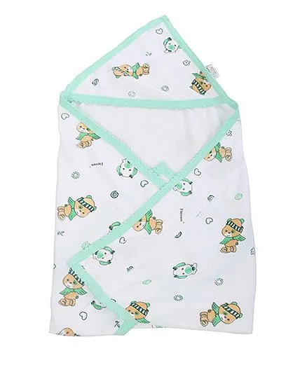 Tinycare Hooded Towel Teddy Print - White and Green