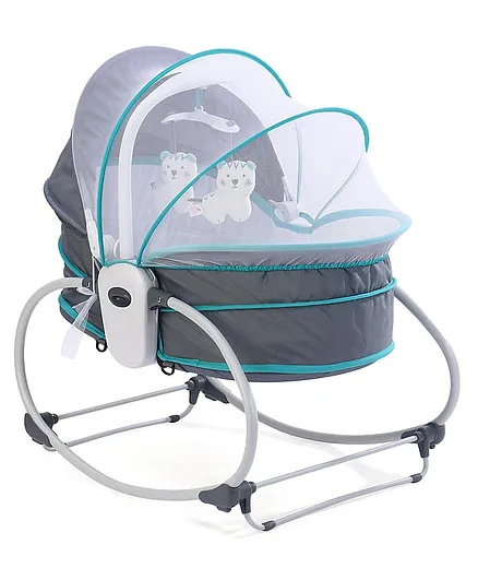Mastela 5 in 1 Rocker cum Bassinet with Overhead Toy Bar - Grey Blue