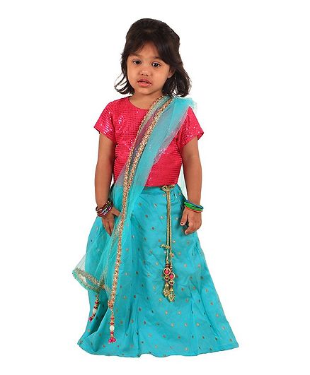 PASSION PETALS Half Sleeves Sequin Detailing Choli With Flared Lehenga & Dupatta - Pink & Blue